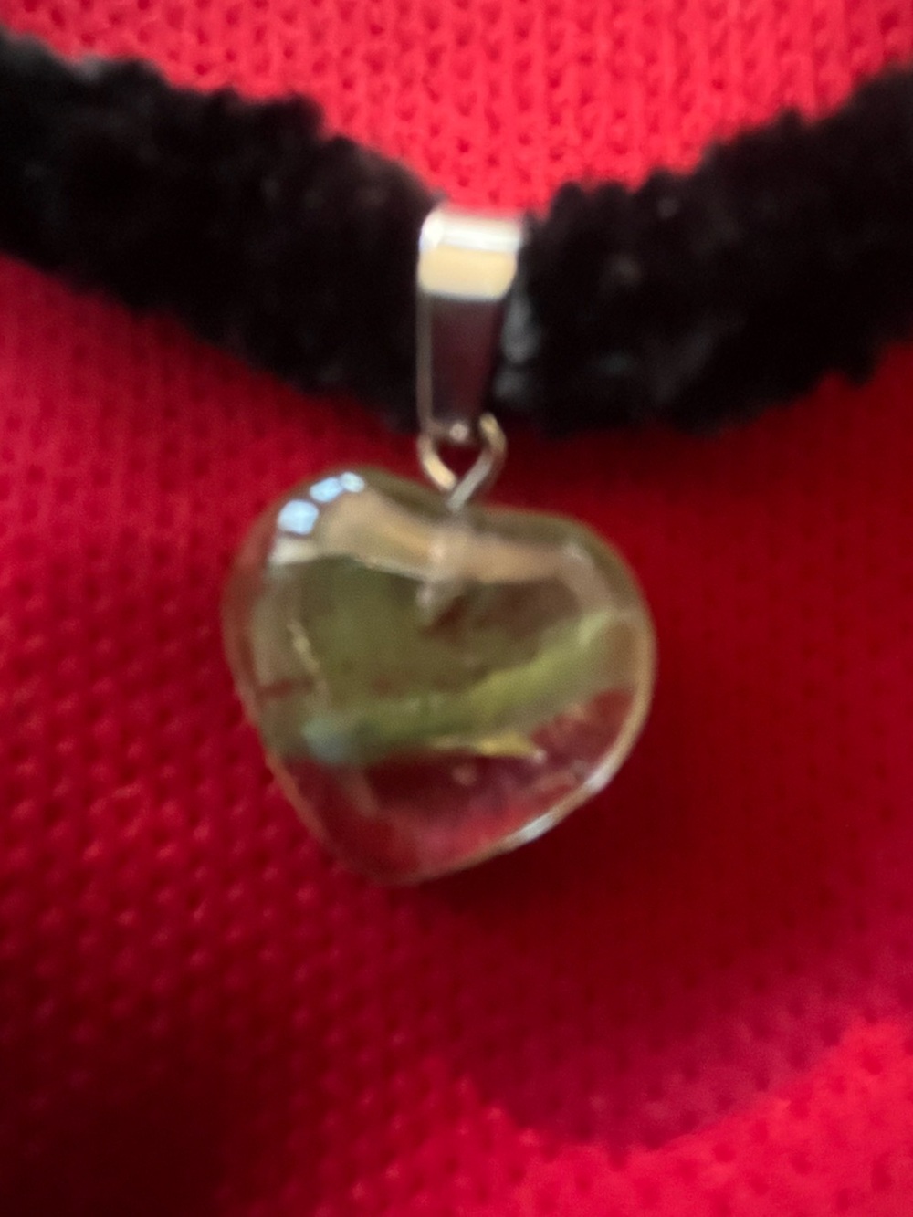 Hand Crafted Black Chenille Crochet w/ Clear & Green Heart Pendant Charm Choker